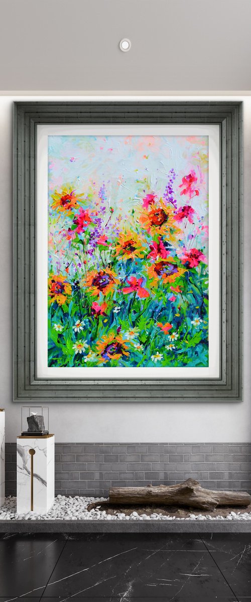 Vibrant Sunflowers and Poppies Landscape by Soos Roxana Gabriela