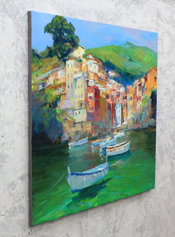 Riomaggiore, Italy seascape oil painting- impasto painting - Italian bay area art work