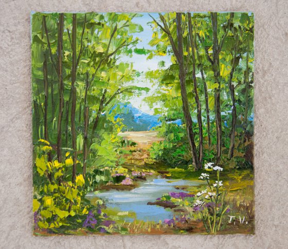 Stream in forest. Oil painting. Miniature. 6 x 6in.