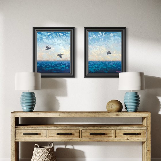 “SEASCAPE #16 WITH PELICANS”