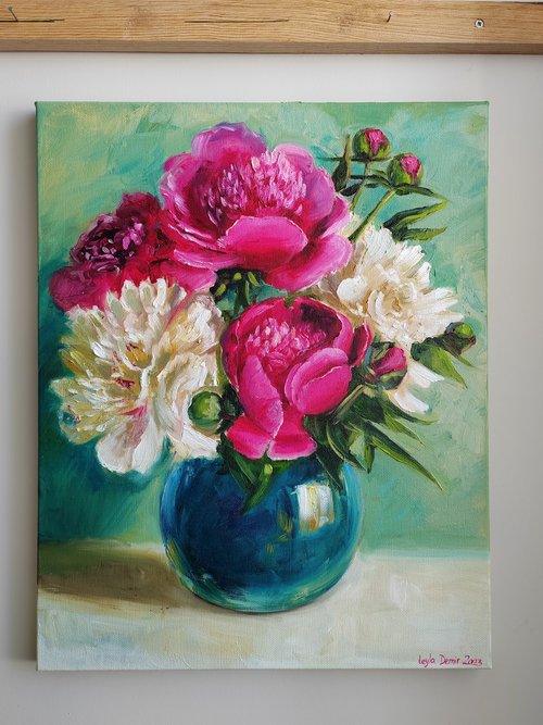 Pink and white peonies bouquet oil painting original still life 16x20" by Leyla Demir
