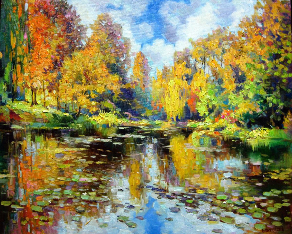 Impressionistic Landscape Oil Painting By Vladimir Lutsevich, 22 X 18", Autumn Gold, Original Artwork