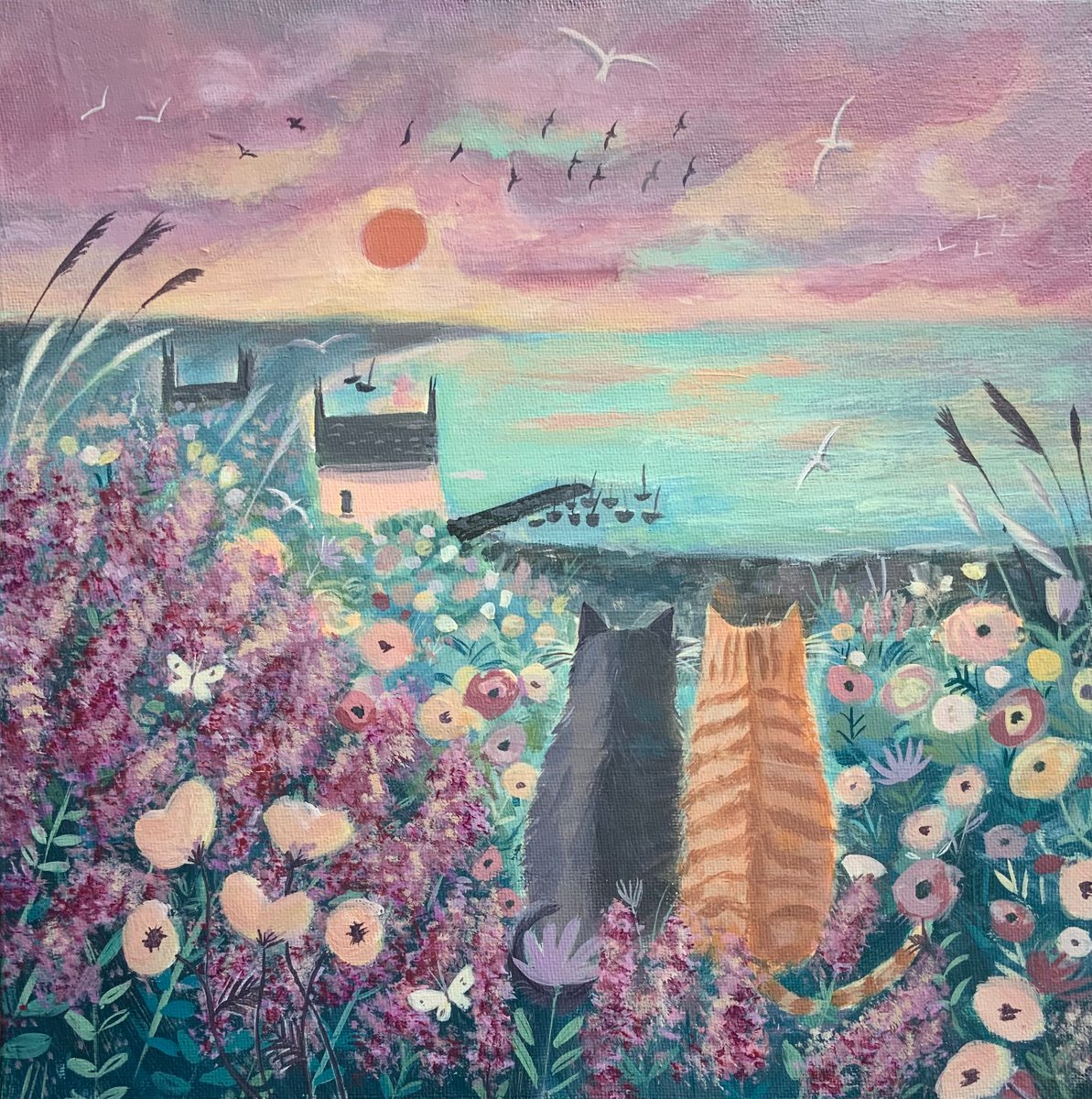 Impressionistic Animal Acrylic Painting By Mary Stubberfield, 12 X 12", Coastal Cats With Cottage, Original Artwork