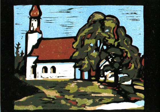 Kirchlein von Riedhausen - Linoprint inspired by Gabriele Münter