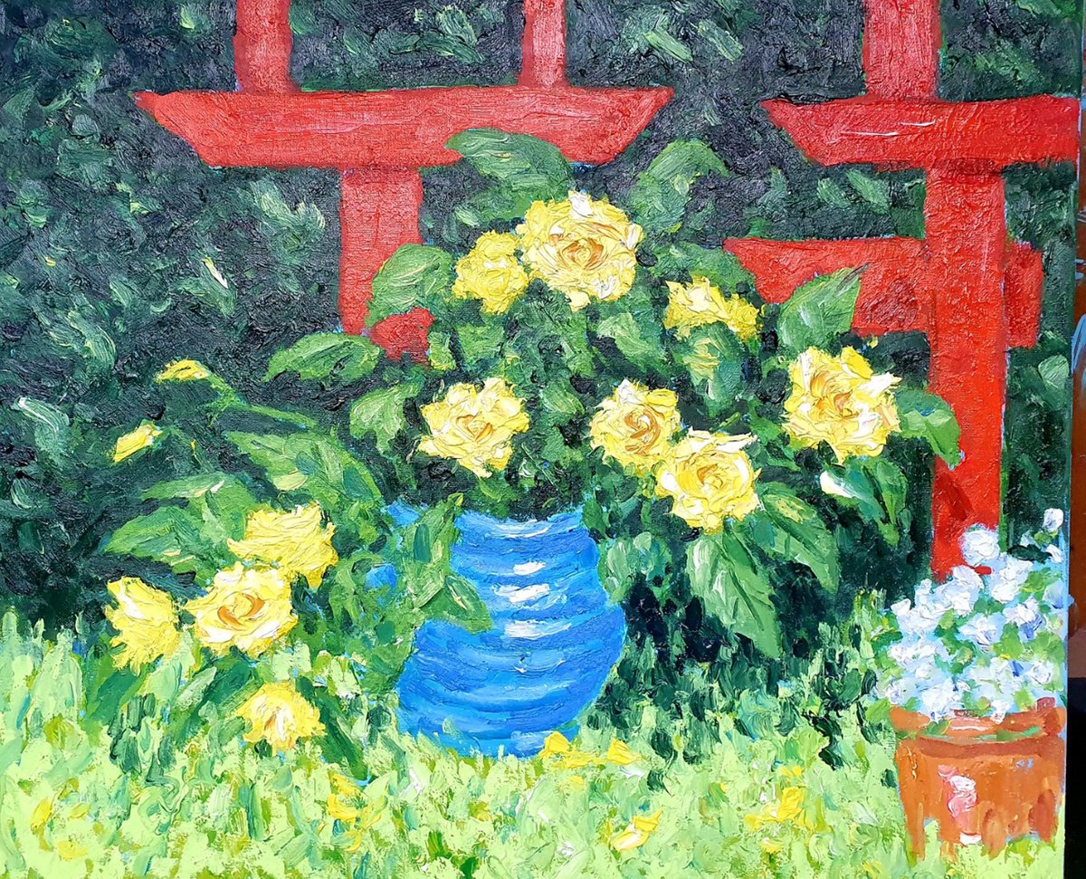 Botanical Oil Painting By Colin Ross Jack, 24 X 20, Yellow Roses In Our Garden, Original Artwork