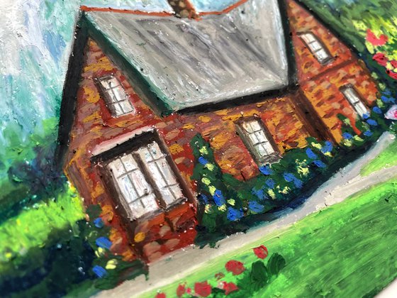 Cottagecore Original Painting, Cozy House Oil Pastel Drawing, Cottage Garden Illustration