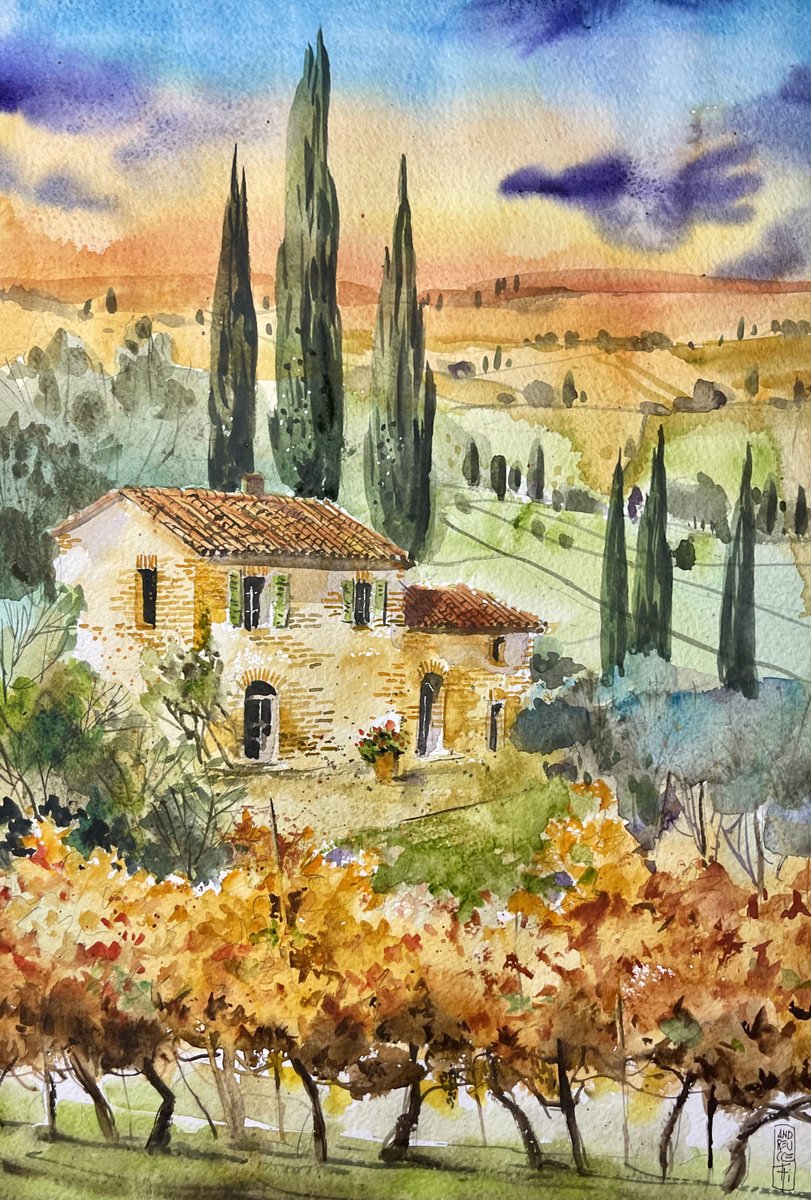 Impressionistic Watercolour , Tuscan Landscape By Alessandro Andreuccetti, 14 X 20, Artwork For Sale On Artfinder