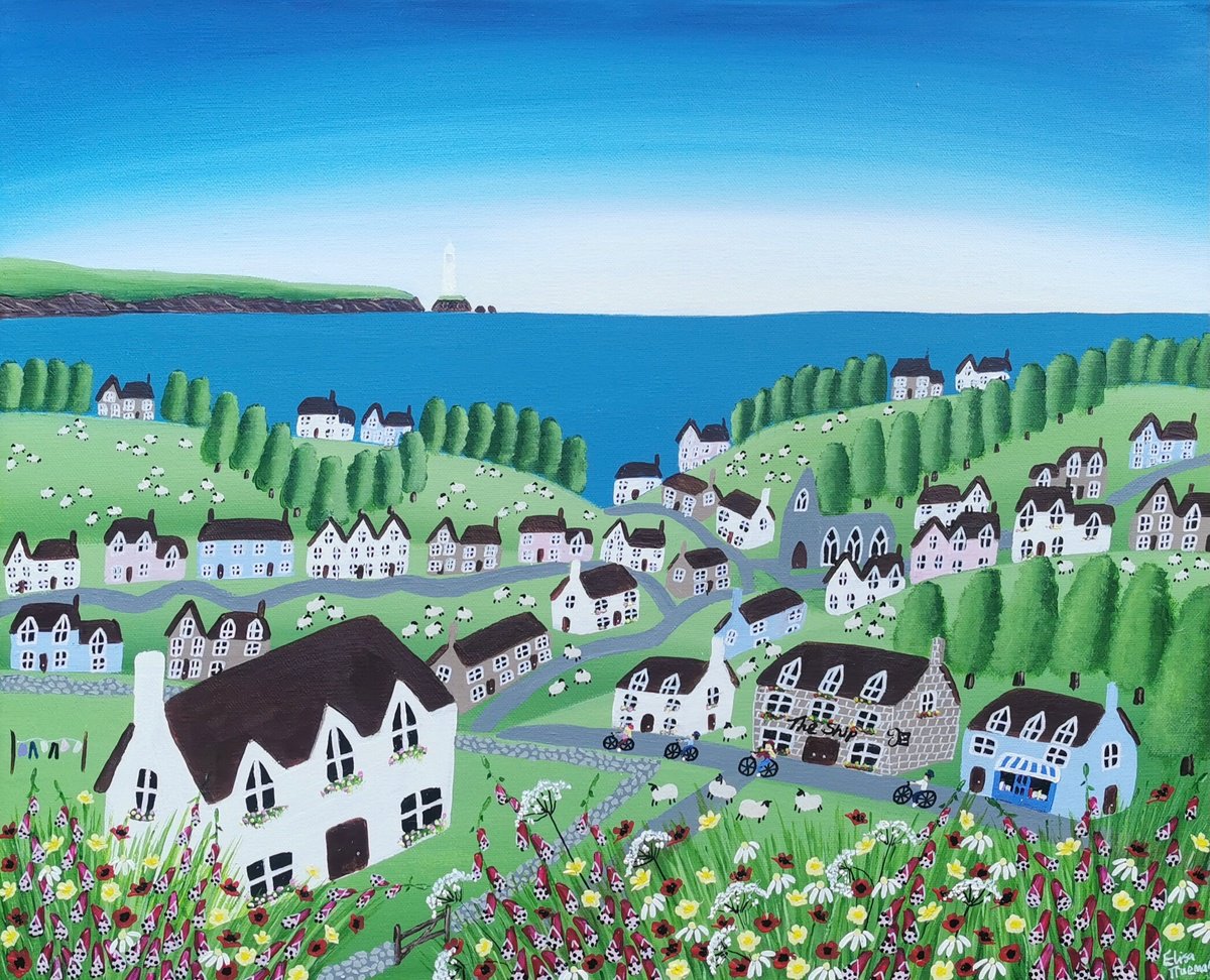 Naive Landscape Acrylic Painting By Elisa Trueman, 22 X 18, Summer With You, Original Artwork