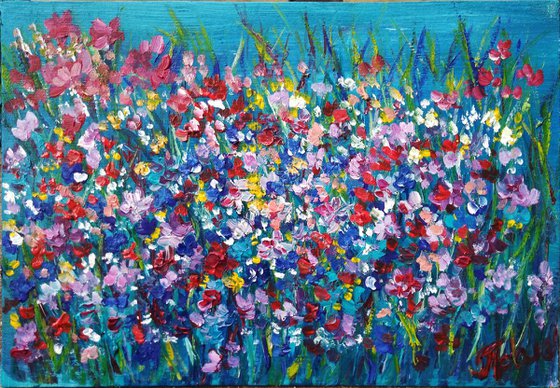 Wildfowers on the meadow oil and acrylic painting on canvasboard
