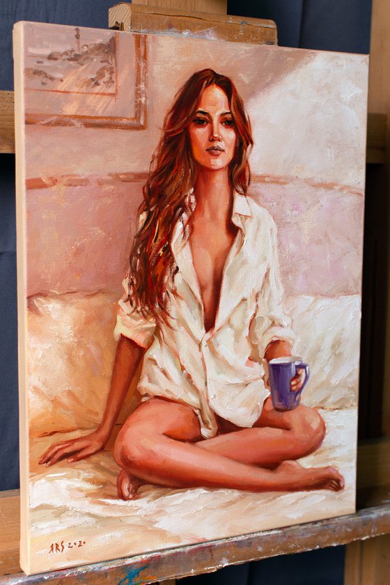 Jenny's morning by Yaroslav Sobol  (Modern Impressionistic Romantic Beautiful Girl Oil painting Gift)