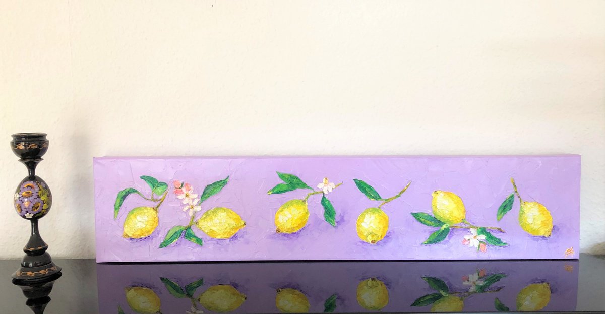 Expressive Botanical Oil Painting By Lena Smirnova, 31 X 16", Lemons And Flowers, Original Artwork