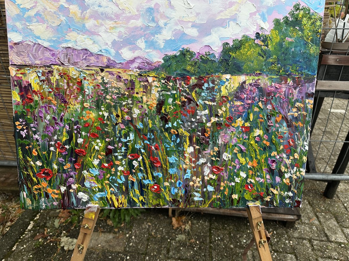 Impressionistic Botanical Oil Painting By Oksana Fedorova, 28 X 35", Pink Clouds Over The Field, Original Artwork