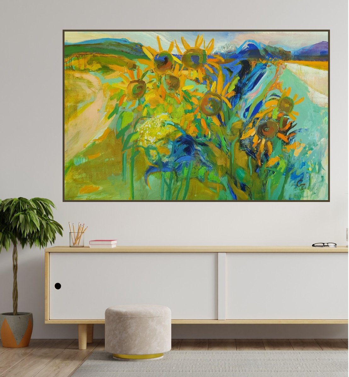 Expressive Botanical Oil Painting By Victoria Cozmolici, 55 X 35", Sun Flowers, Original Artwork