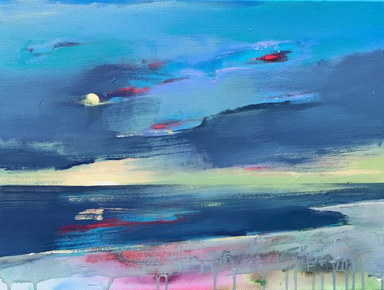 Bright landscape - "Summer blue evening" - Minimalistic seascape - blue sunset - 2022