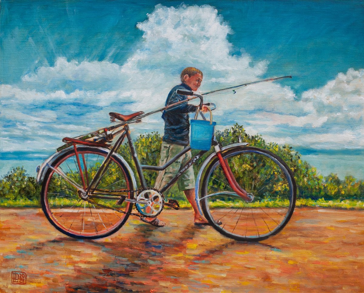 Impressionistic Portrait Oil Painting By Liudmila Pisliakova, 20 X 16", Blue Bucket, Original Artwork