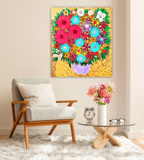 Natural stones wall sculpture Flowers in vase, colorful still life mosaic