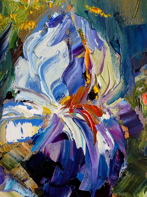 Bright Bouquet of Flowers Sunny Still Life in Vase Impasto Painting Irises Floral Art