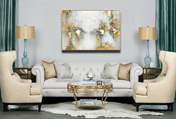 Awake - White Abstract Gold Teal Painting Original, Large Size, Gold Leaf, Sky, Living Room Art, Wall Art Decor Size: 48"x32" (120x80 cm)