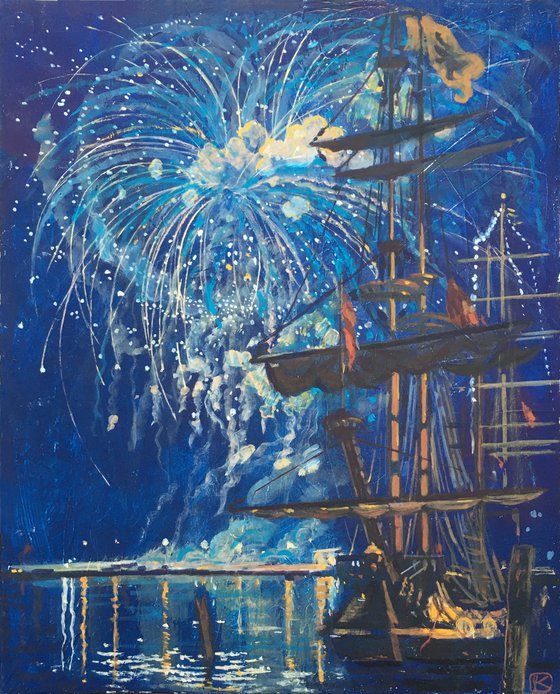 Frigate Shtandart at the Maritime Festival with Fireworks