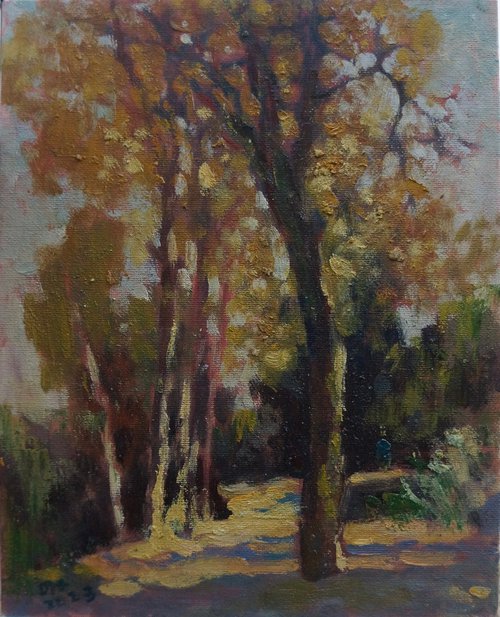 Original Oil Painting Wall Art Signed unframed Hand Made Jixiang Dong Canvas 25cm × 20cm Landscape Sunlight in the Woods Stuttgart Hills Small Impressionism Impasto by Jixiang Dong