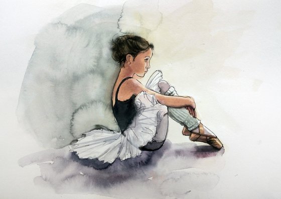 Young Ballerina Sitting on the Floor of a Studio - ballerina watercolour - Little ballet girl - ballerina watercolor