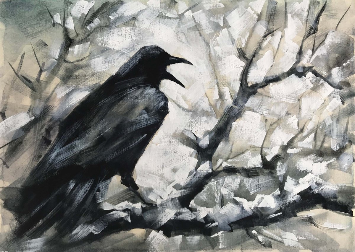 Expressive Animal Acrylic Painting By Galina Poloz, 17 X 12, The Voice Of A Raven., Original Artwork