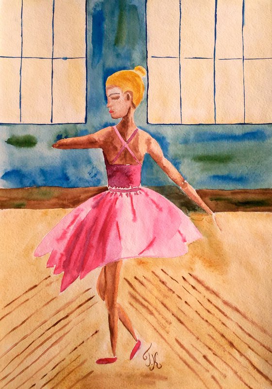 Ballet Painting Dance Original Art Baby Ballerina Watercolor Girl Artwork Small Wall Art 12 by 17" by Halyna Kirichenko