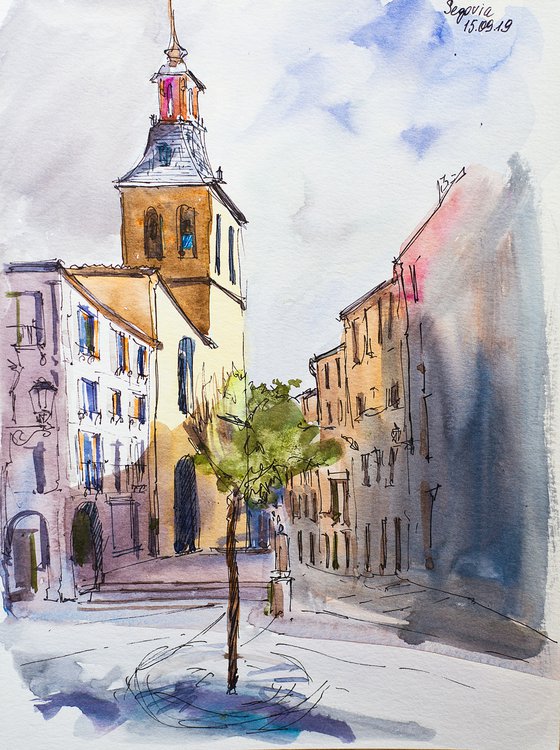 Segovia. Plain air urban sketch of street veiw. WATERCOLOR LANDSCAPE STUDY ARTWORK SMALL CITY LANDSCAPE SPAIN GIFT IDEA INTERIOR