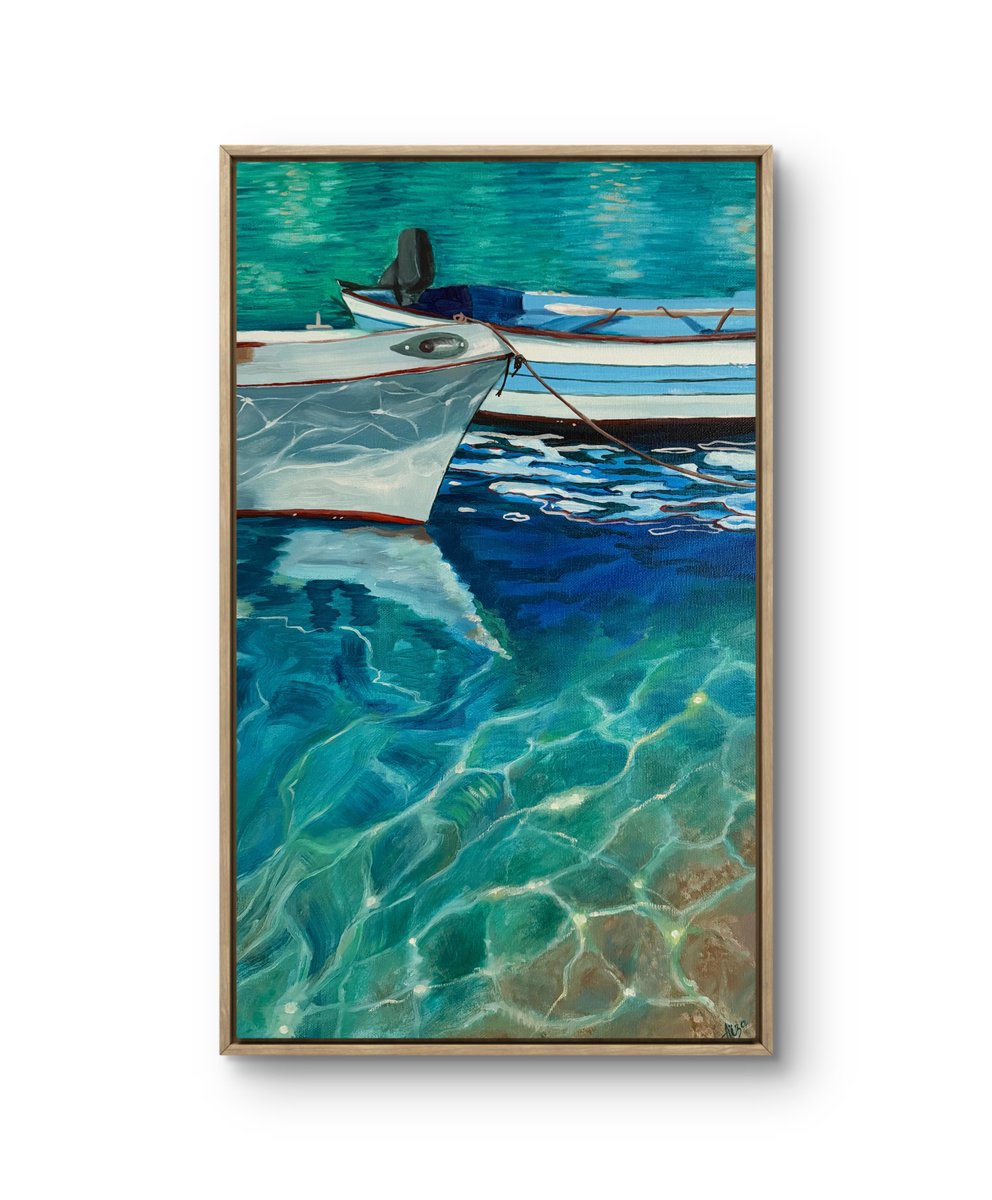 Photorealistic Oil Painting , Moored In Blue By Aisylu Burangulova, 12 X 20, Artwork For Sale On Artfinder