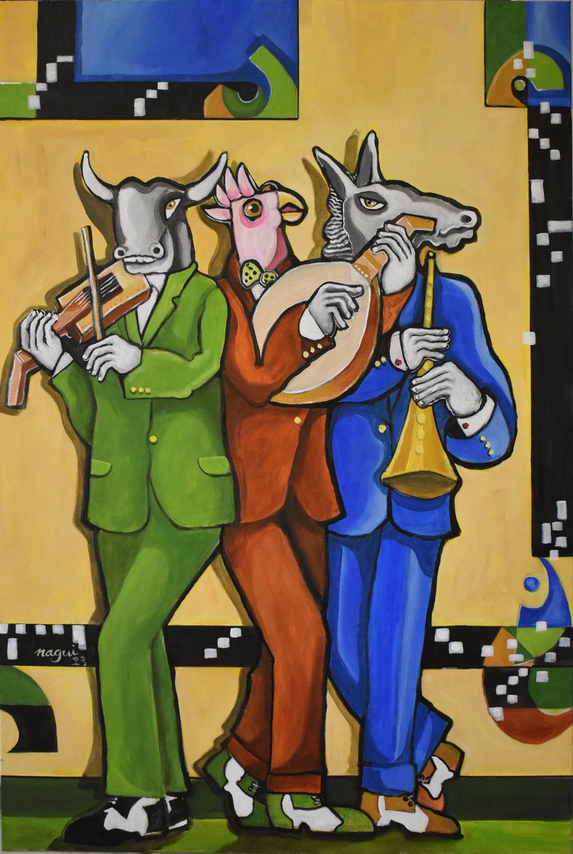 Expressive Portrait Acrylic Painting By Nagui, 24 X 36", The Carnival Of The Animals, Original Artwork