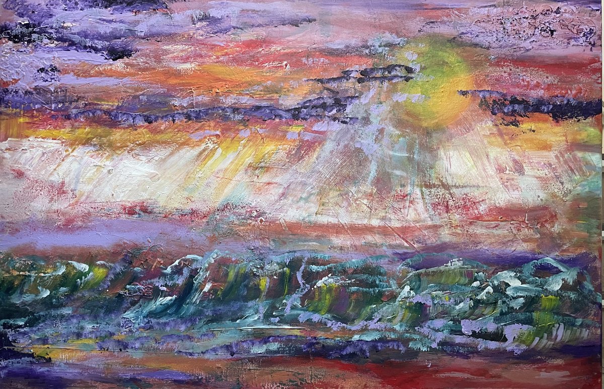 Abstract Landscape Acrylic Painting By Tiny De Bruin, 59 X 39", The Sea Sunset, Original Artwork