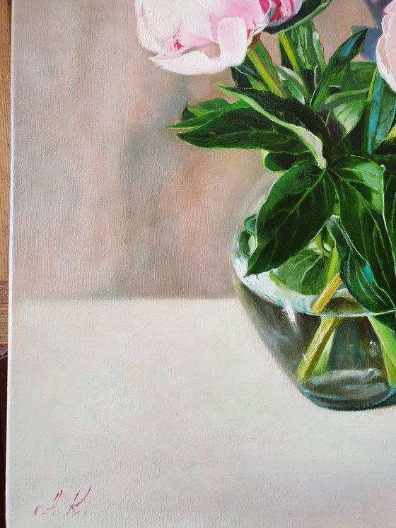 "A bouquet of peonies in a glass vase." still life peony pink summer  white liGHt original painting  GIFT (2020)