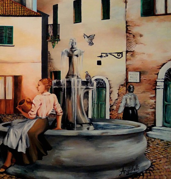 The village fountain - landscape - original painting