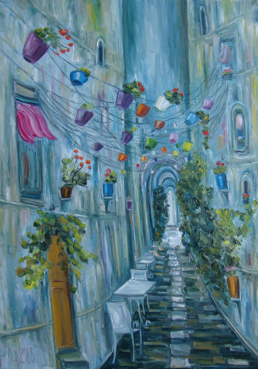 Impressionistic Cityscapes Oil Painting By Olga Knezevic, 20 X 28", Old Town, Original Artwork