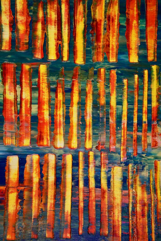 Metallic spectra and light intrusions | Fiery abstract painting