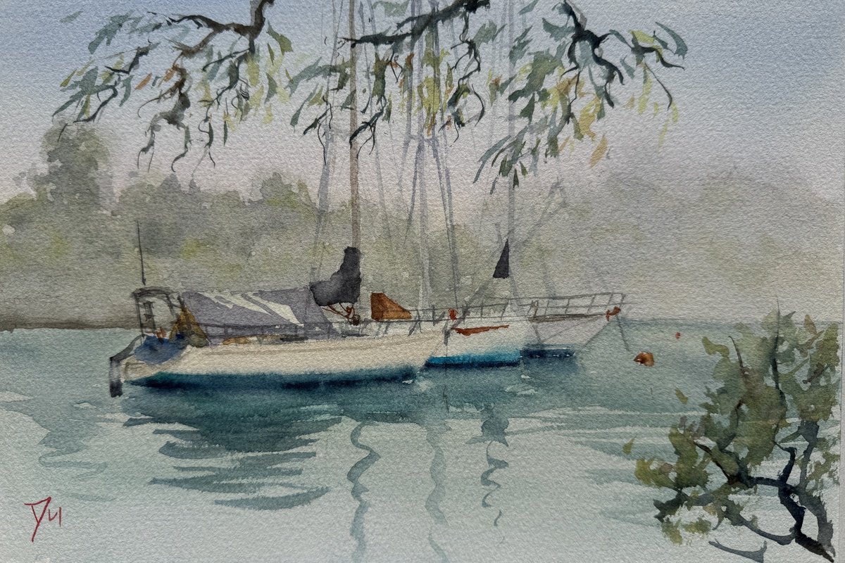 Impressionistic Landscape Watercolour By Shelly Du, 12 X 8", Sydney Harbour Sailing Boats, Original Artwork