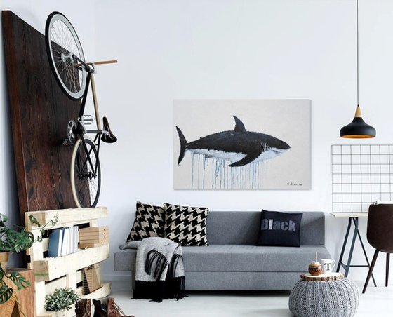 Large Abstract The Great White Shark. Acrylic painting on canvas. Ocean animals, black, white. Painting 61x91cm.