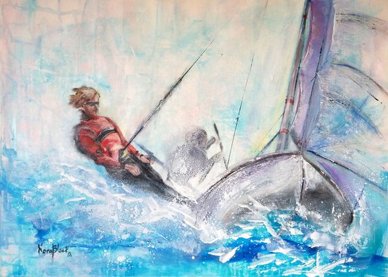 "Blue sailing", original Mixed Media painting on paper, 76x54x0,3 cm
