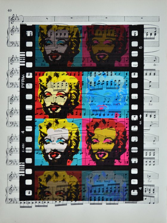 Marilyn Monroe With Beard - Andy Warhol Stylised Collage Art Print on Vintage Music Sheet Page