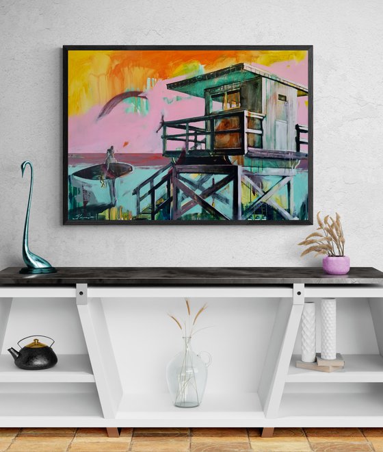 Big painting - "Surf in Miami Beach" - Bright painting - Pop Art - Urban - Surfing