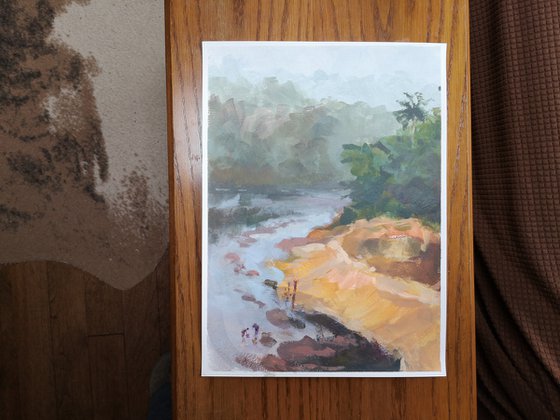 "By the river" (acrylic on paper painting) (11x15x0.1'')