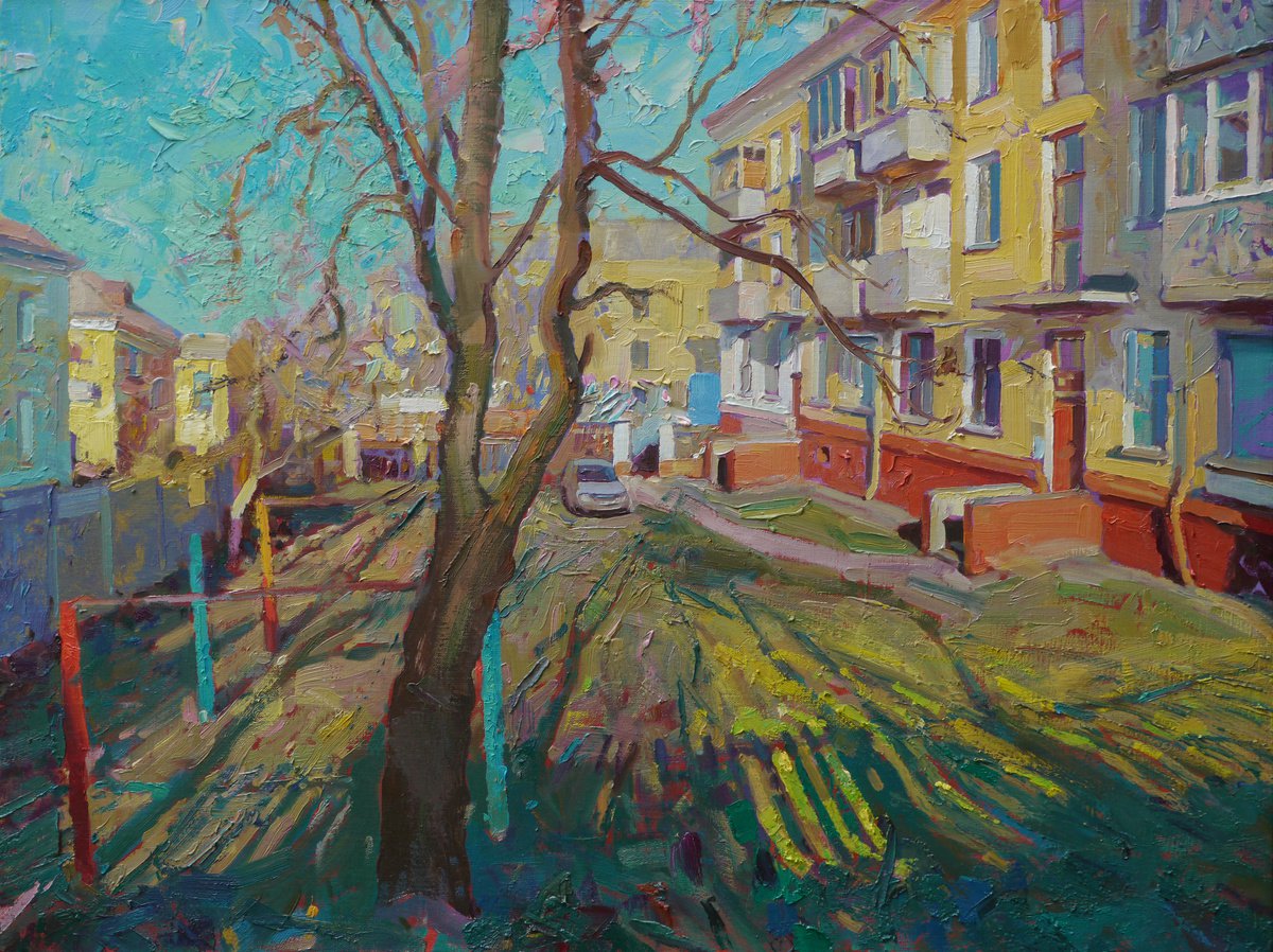 Impressionistic Cityscapes Oil Painting By Victor Onyshchenko, 31 X 24", Yard In The Center Of Chernihiv, Original Artwork