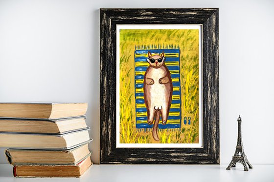 Cat Painting Beach Original Art Pet Artwork Small Animal Wall Art 8 by 12" by Halyna Kirichenko