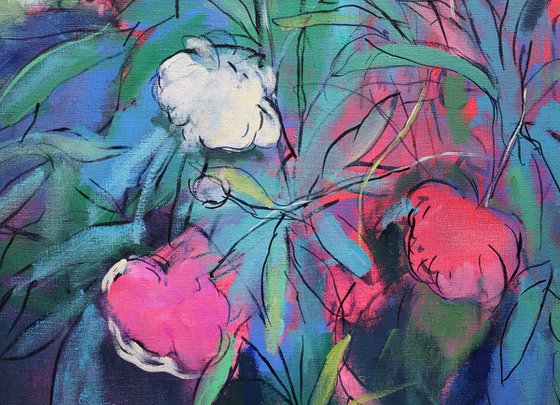 Neon Cow and Peony Bush