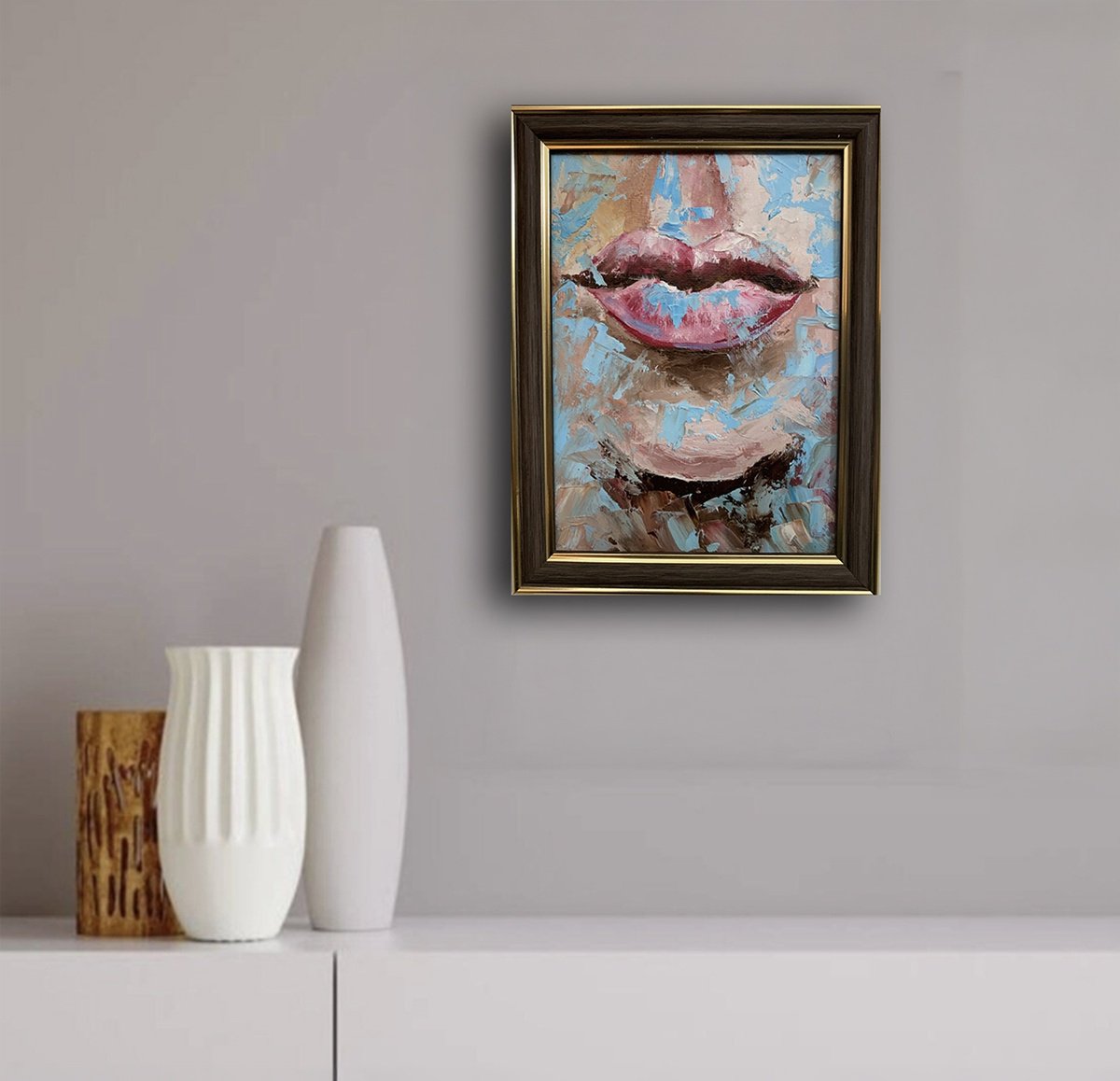 Abstract Portrait Oil Painting By Vita Schagen, 6 X 8", Pink Lips., Original Artwork