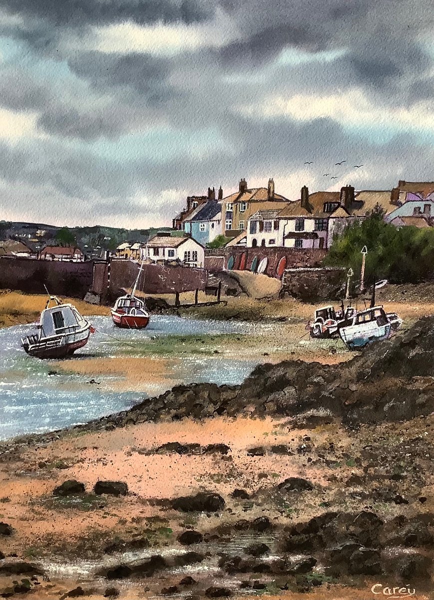 Photorealistic Landscape Watercolour By Darren Carey, 11 X 15, Seascape Bude Sea Lock Cornwall, Original Artwork