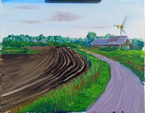 Plowed field, road and windmill . Plein Air