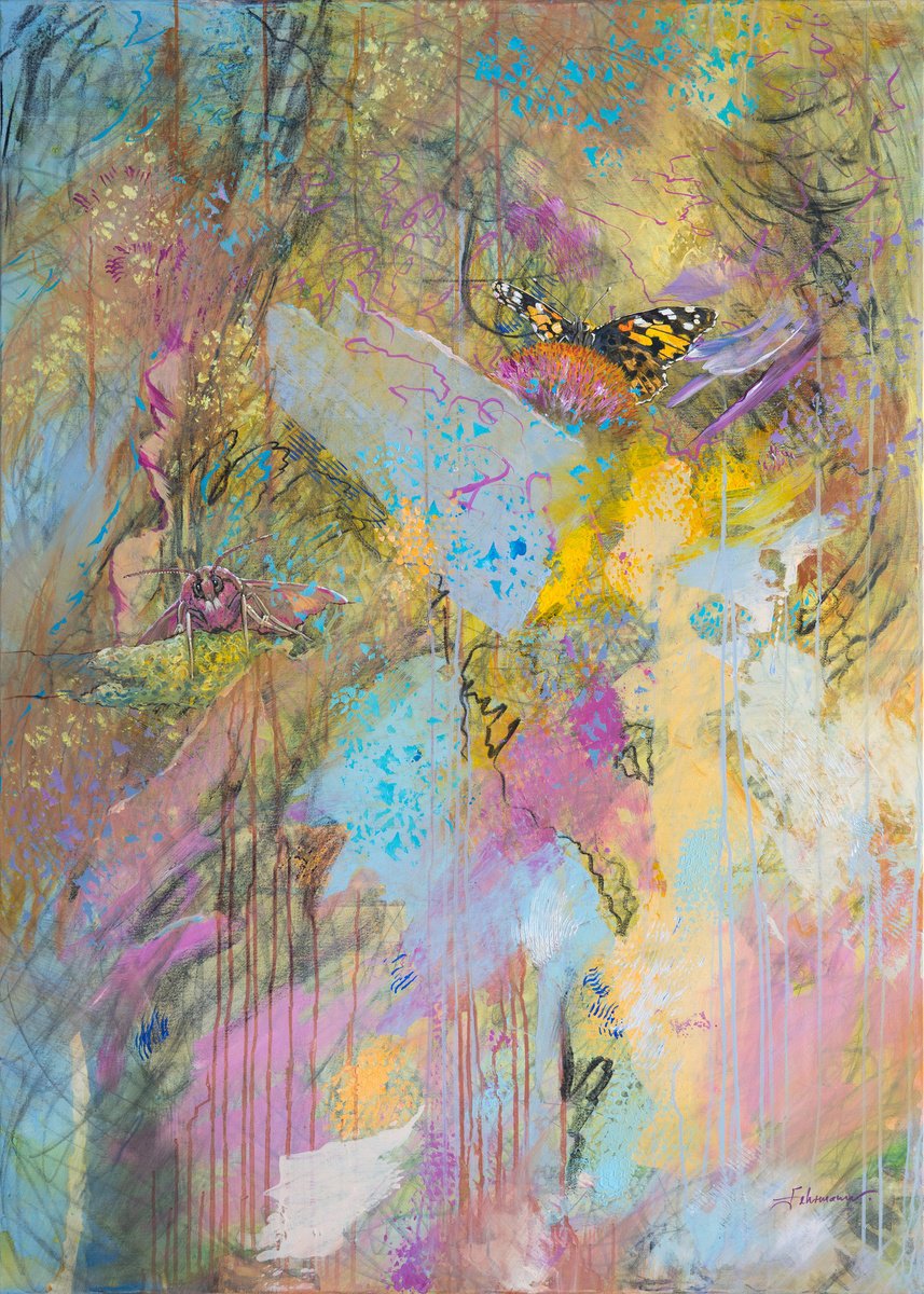 Impressionistic Animal Painting By Uwe Fehrmann, 39 X 55", Meadow And Butterflies, Original Artwork
