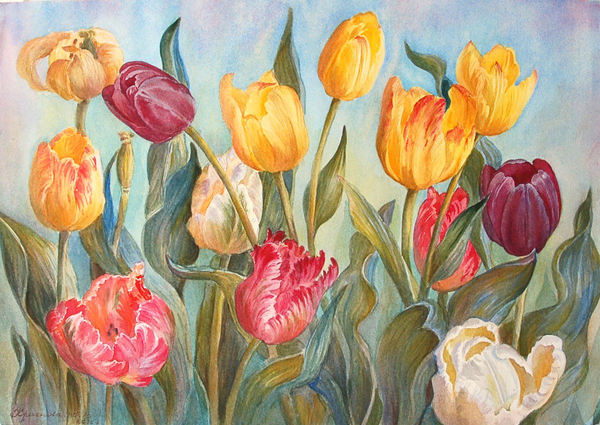 Photorealistic Botanical Watercolour By Yulia Krasnov, 20 X 14", Multicolored Tulips, Original Artwork