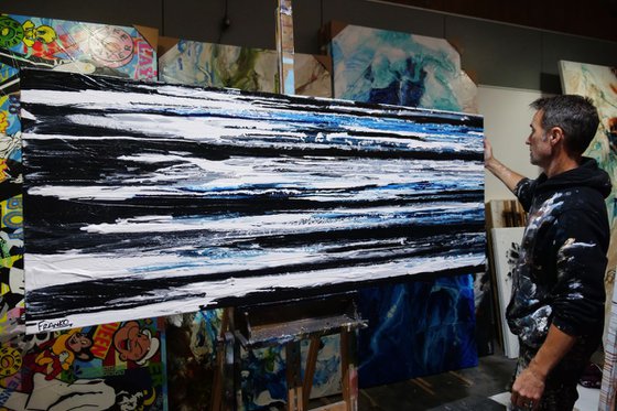 Arctic Prush 200cm x 80cm Blue White Black Textured Abstract Art